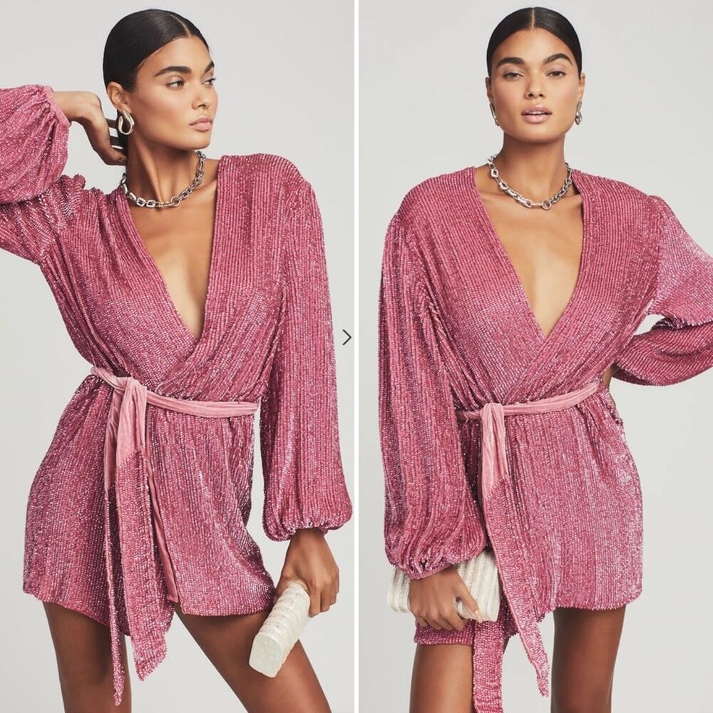 RETROFETE Gabrielle Sequin Robe Mini Cocktail Wrap Dress Belted Long Sleeve